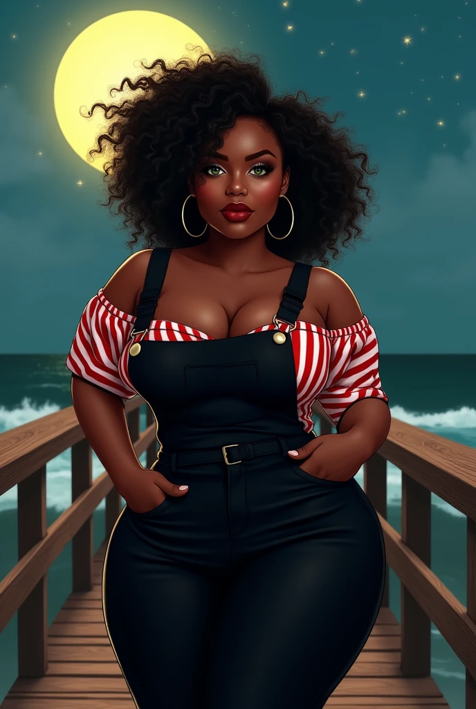 A Brazilian woman from Rio de Janeiro, black with green eyes, curly and frizzy hair, Hoop earring, big boobs, big hips and ass, wearing black fisherman pants and a red and white striped blouse, chubby girl on a pier, full moon night