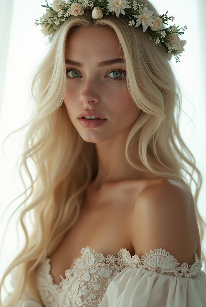 Beautiful Goddess、Mysterious face、A smart face、Upper body image、Looking at the front-facing camera、Background white light、Blonde long hair、Eyes that seem to draw you in、Cool women、European Women、Wreath on head