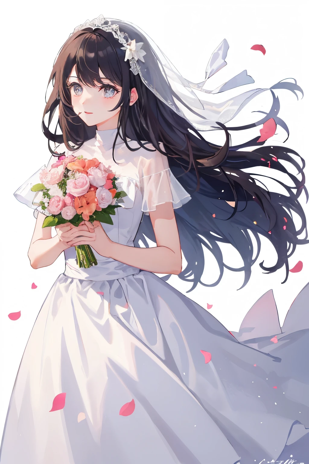 One beautiful woman,Highest quality,、Transparency、Wedding dress、Holding a bouquet、High resolution, Long Hair, Brown Hair,