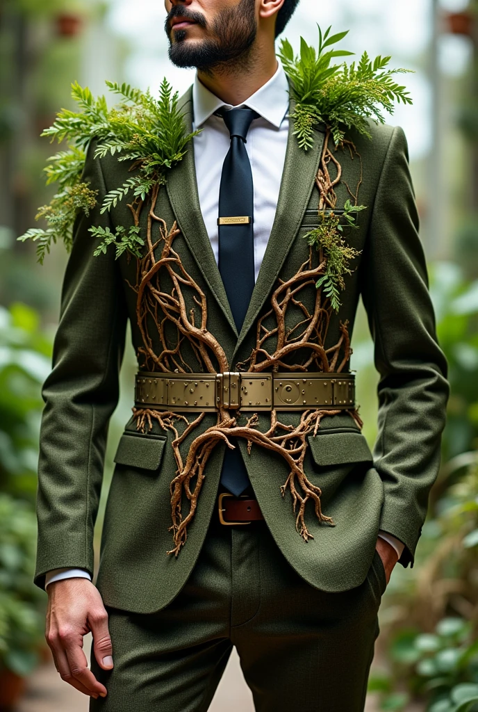 A brown and green men&#39;s suit, with patterns reminiscent of roots and plants. The suit includes a belt with seeds that he can activate to instantly grow plants..