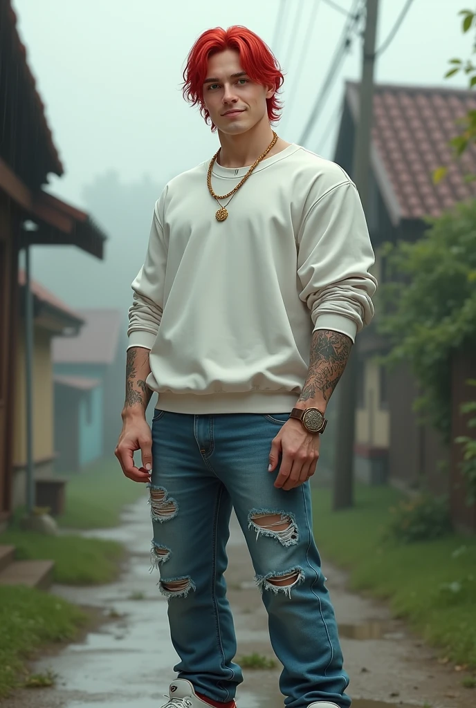 Make a young Germanic man with a slightly Asian appearance, He's a redhead, reddish, long  hair, with green eyes, albino, he is 32 years old, He has 1,83 His appearance is muscular and slightly handsome, your physique is robust, he is very white, He is a little calm and can get a good laugh out of his friends, he is wearing a white Adidas sweatshirt, a pair of dumped jeans, and a Nike sneaker, next to him a gold chain around his neck, he is in a village a little cloudy without rain, with a slight smile on your face, semi realistic image.