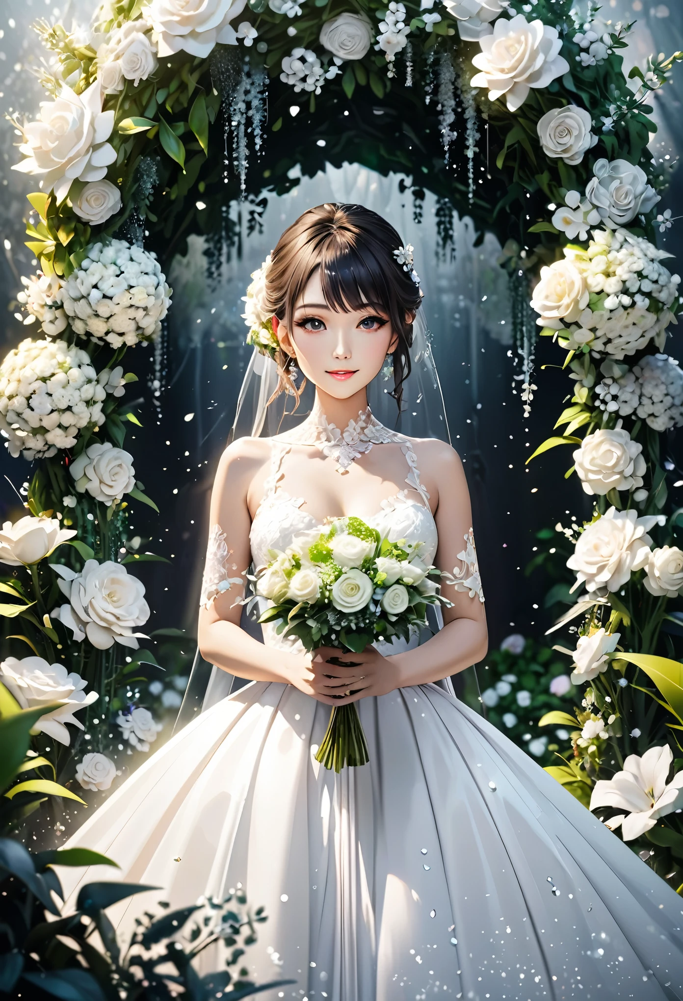 beautiful bride, bouquet toss moment, best smile, light makeup, half-up hair, great body proportion, wearing pure white wedding dress, bouquet, background lush garden, conceptual installation art, (ultra detailed, absolutely resolution, best quality:1.3), 2.5D, delicate and dynamic effects, foggy filter effects, glitter effects, artistic, hyper, graphic CG digital art