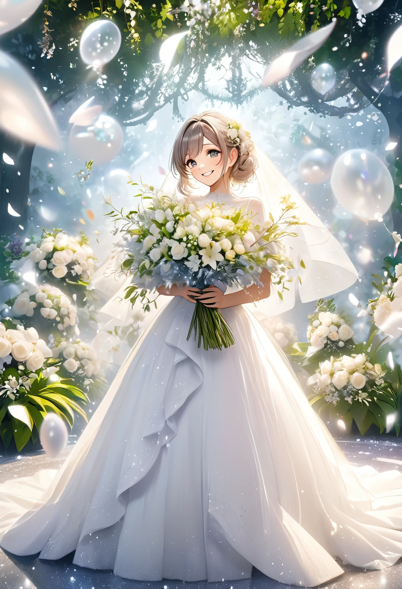 beautiful bride, bouquet toss moment, best smile, light makeup, half-up hair, great body proportion, wearing pure white wedding dress, bouquet, background lush garden, conceptual installation art, (ultra detailed, absolutely resolution, best quality:1.3), 2.5D, delicate and dynamic effects, foggy filter effects, glitter effects, artistic, hyper, graphic CG digital art