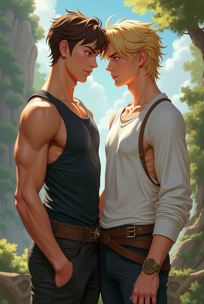 Fantasy Brothers, handsome young man with brown hair wearing a tank top without a shirt and ther young man with blond hair wearing a tank top and a white long sleeved athlete shirt.