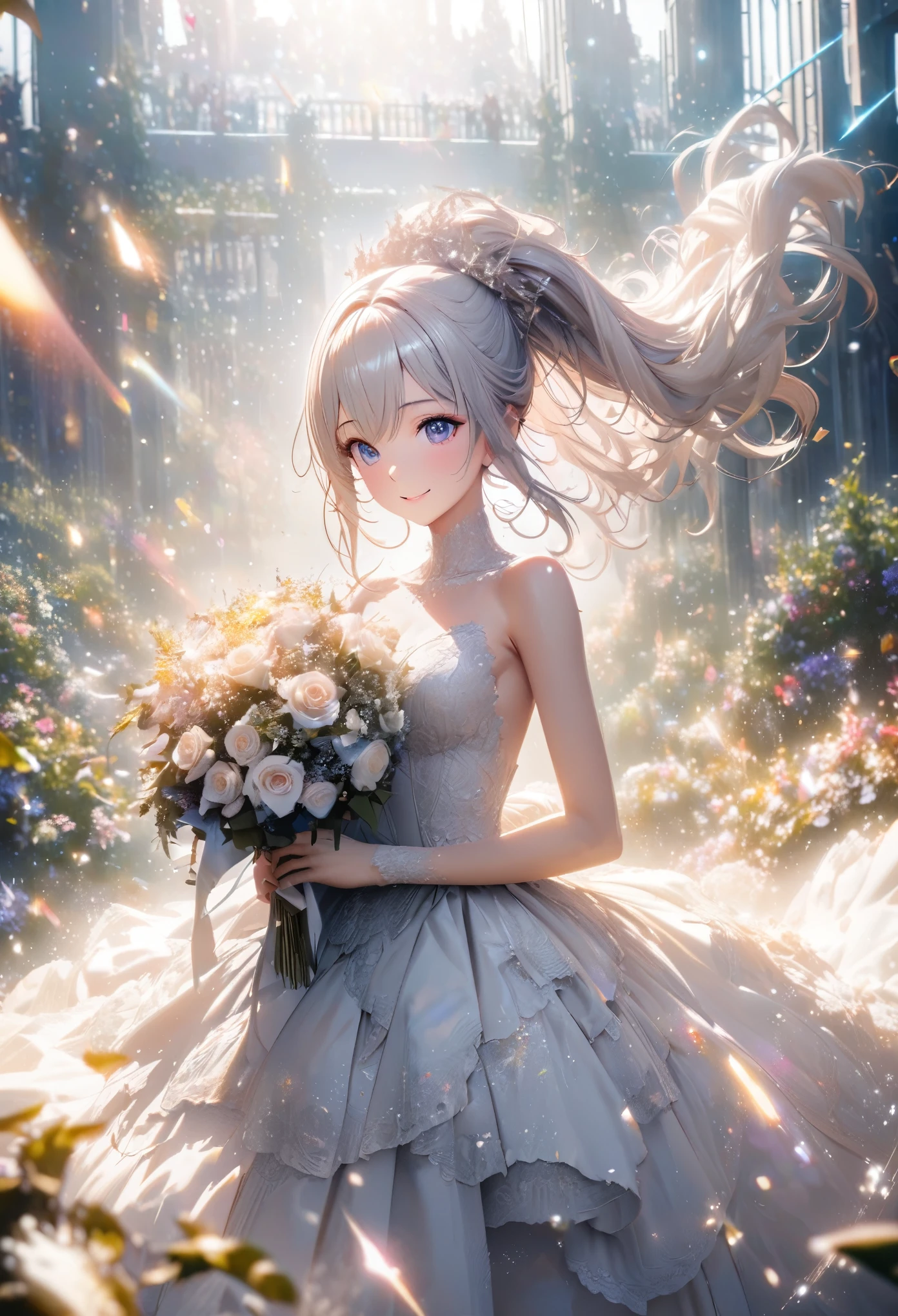 beautiful bride, bouquet toss moment, best smile, light makeup, half-up hair, great body proportion, wearing pure white wedding dress, bouquet, background lush garden, conceptual installation art, (ultra detailed, absolutely resolution, best quality:1.3), 2.5D, delicate and dynamic effects, foggy filter effects, glitter effects, artistic, hyper, graphic CG digital art