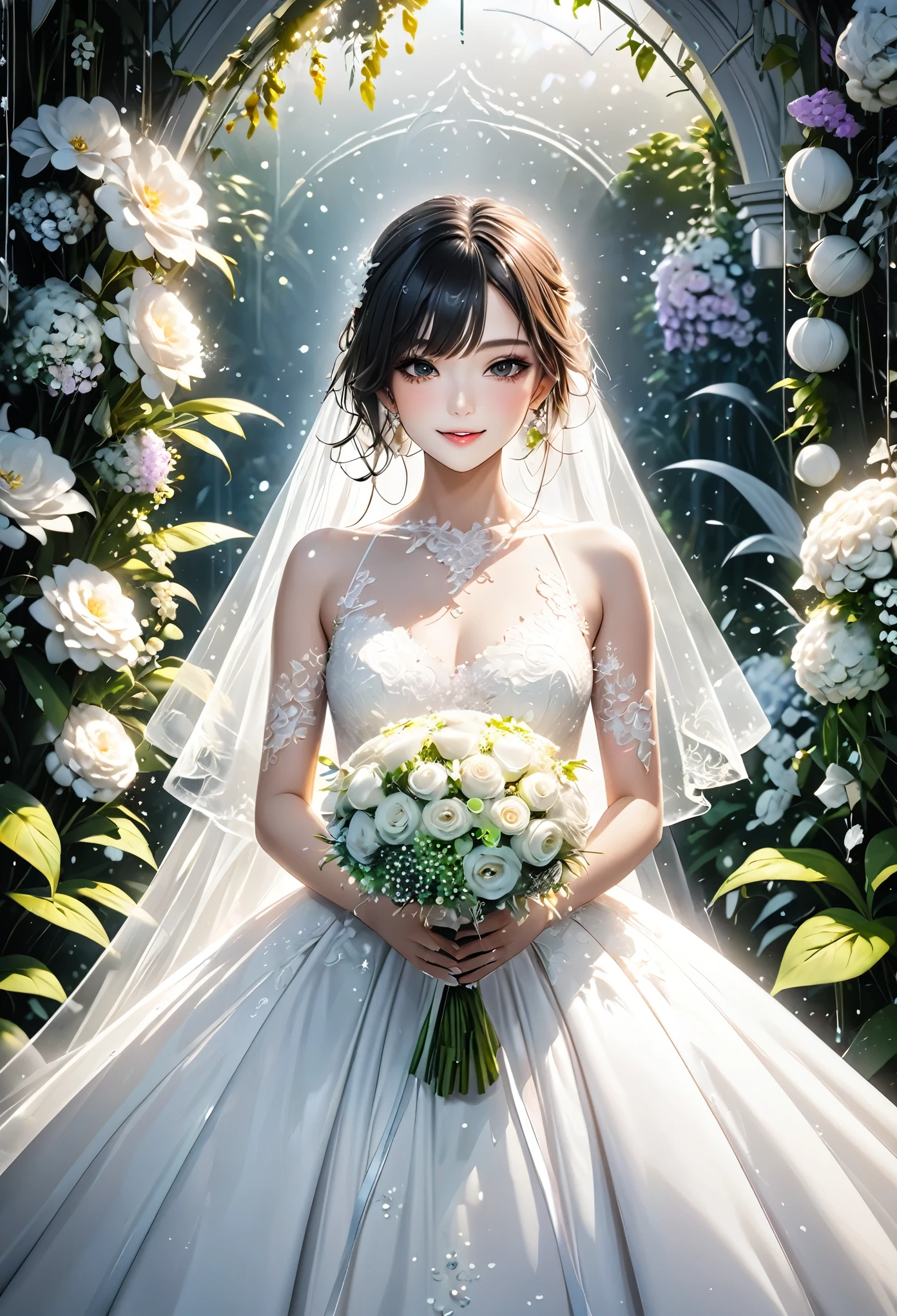 beautiful bride, bouquet toss moment, best smile, light makeup, half-up hair, great body proportion, wearing pure white wedding dress, bouquet, background lush garden, conceptual installation art, (ultra detailed, absolutely resolution, best quality:1.3), 2.5D, delicate and dynamic effects, foggy filter effects, glitter effects, artistic, hyper, graphic CG digital art