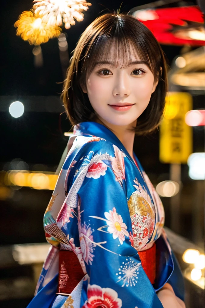 best quality, 8k, very delicate and beautiful, highly detailed face and skin texture, shiny skin, high resolution, sexy japanese girl in kimono on street at night, with firework in the sky, sharp focus
