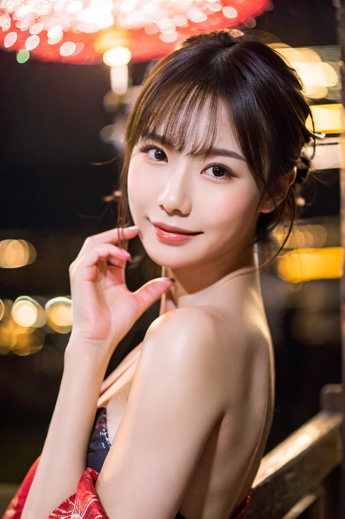 best quality, 8k, very delicate and beautiful, highly detailed face and skin texture, shiny skin, high resolution, sexy japanese girl in kimono on street at night, with firework in the sky, sharp focus
