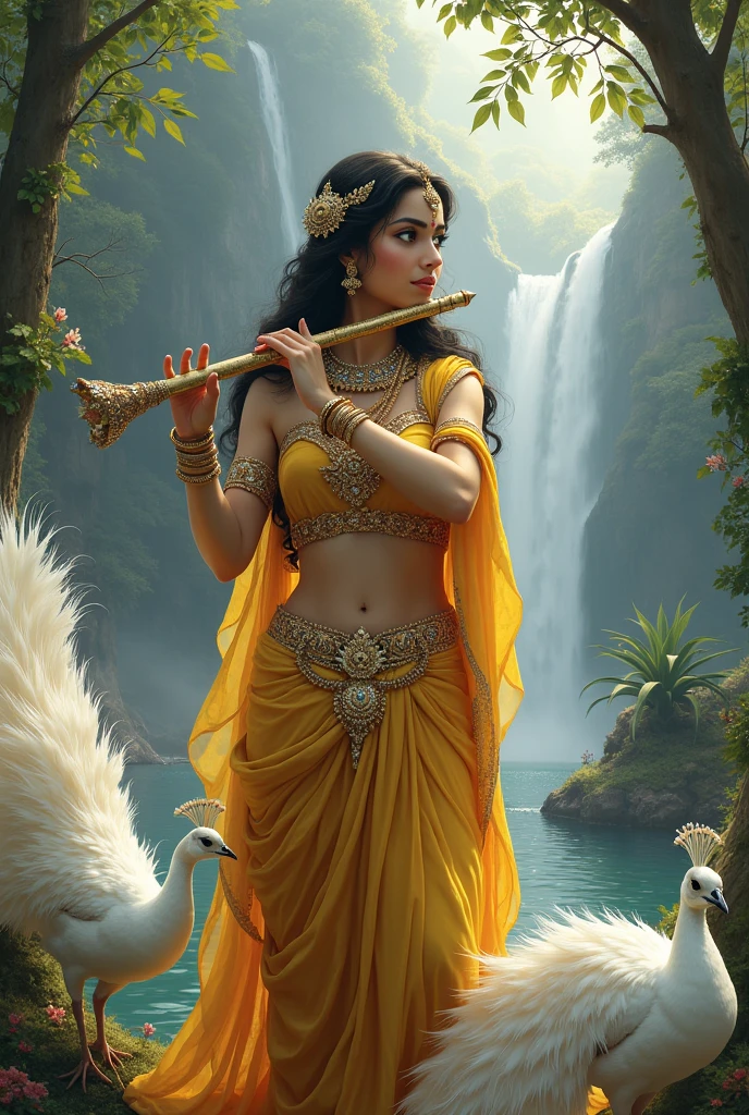 Godess Radha, flute whistling , with white 9 peacocks , in beautiful nature 