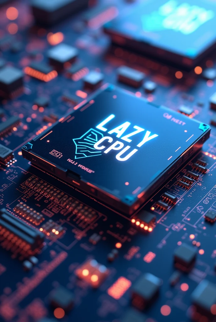 Create a logo for the YouTube channel 'Lazy CPU' featuring a futuristic, anime-style CPU inspired by the AMD AM5 socket. Use Lazy as branding instead of amd. The CPU should have clean, sharp edges with no shadows or background elements, ensuring that the design works well with a transparent background. The overall aesthetic should be sleek and advanced, with glowing accents and intricate circuitry. Instead of random text or labels, embed either the text 'Lazy CPU' with a futuristic status label on the CPU itself in a font that matches the futuristic design. Use minimal colors with no white or light tones that could interfere with background removal make sure to generate the CPU fully inside the photo.