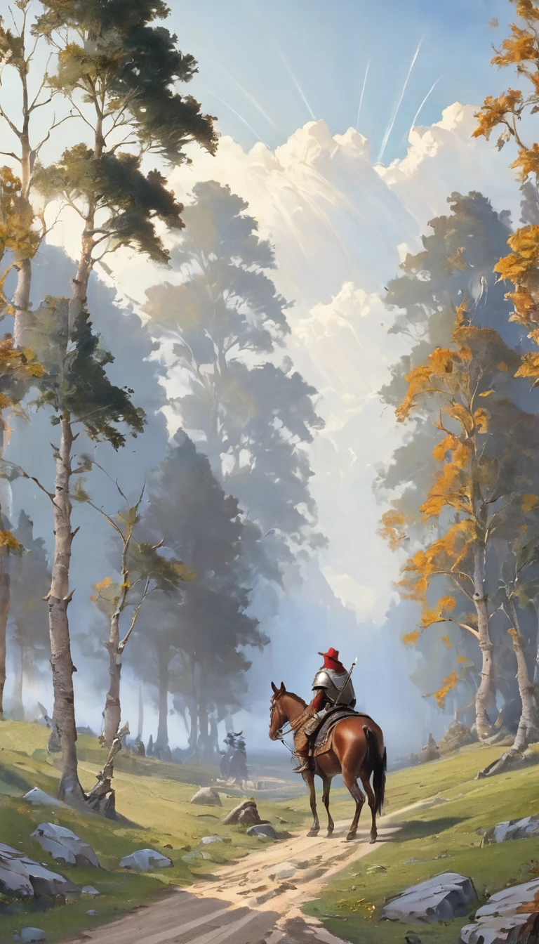 Image with many details, in the world of adventure and fantasy, beautiful landscape, harmonious nature, the figure of a medieval adventurer (viewing angle from behind) wearing a cloak, carrying a traveler's bag and a small wooden crucifix as accessories, is riding along a road on his horse. The scene is a beautiful landscape, the clouds are providing shade, deer are drinking on the riverbank, several trees, birds passing through the sky, on the horizon an ancient castle on a mountain, the moment is surrounded by magic and fiction, realistic painting, (focus of vision on the entire scene) (Carl Bloch) (inspired by the game "final fantasy") (inspired by fable books) (Best quality) (detailed) 8k, 1080p
