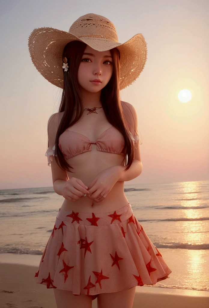 (masterpiece:1.2), (best quality:1.3), Shallow_Sunset, 1 Girl, permanent, cowboy_shooting, straw_have, swimsuit, skirt, shorts, flower, starfish, 