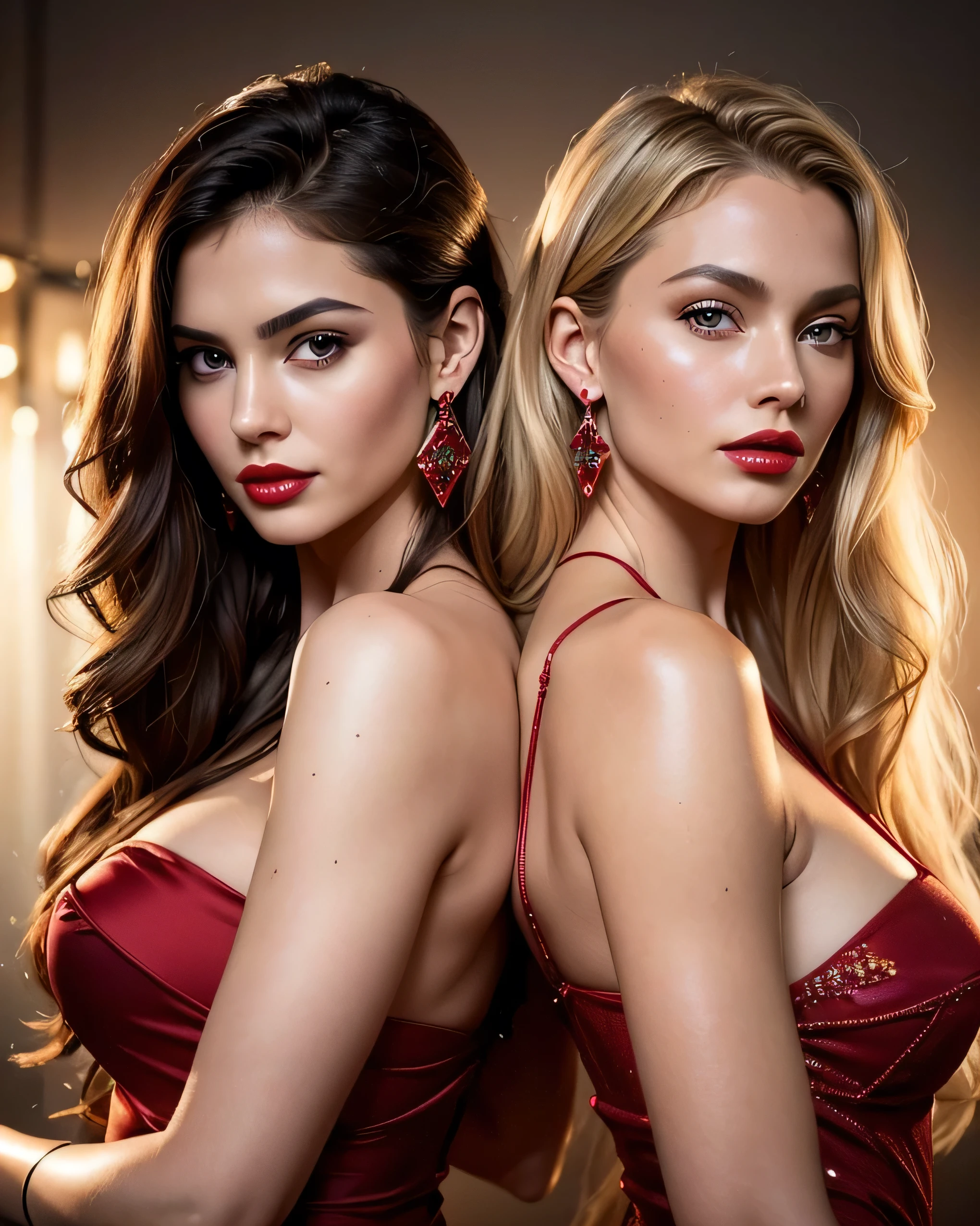 Ultra HD resolution,artistic photos,Professional close up Photography,Dark LED Background ((21 year very sexy extremely fair super model twin lover sisters, earrings, long brunette messy hair and blonde wavy hair, medium breasts:1.1cold ultra realistic skin, both wearing very sexy red and black dress)), exposed cleavage, both posing like a super-model, smiling at viewer, natural red lips, attention to detail