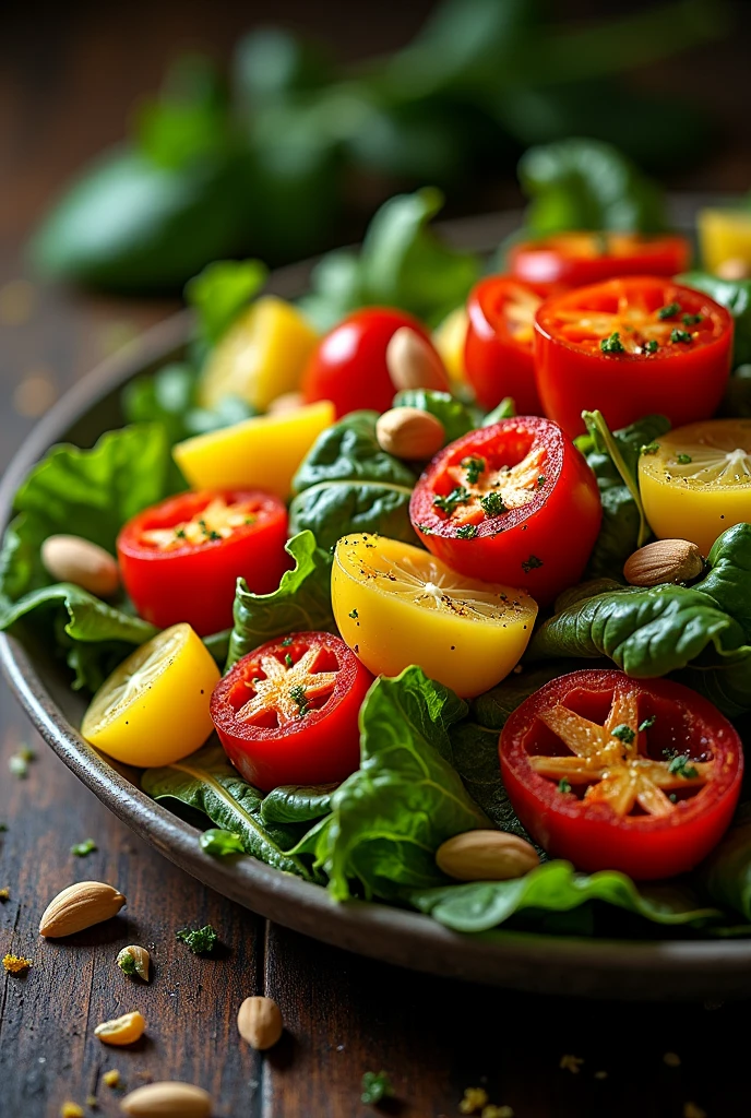 Create a vegetable salad with red peppers, yellows and greens related to the palettes of baroque painters