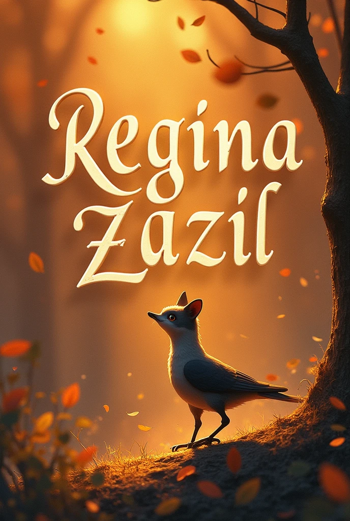 Create the cover of a book and animate it with the written name of Regina Zazil as the title, adding an animated but non-fictional animal.
