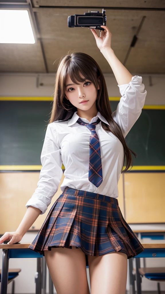 Product quality,1 girl,((Shooting from below:1.4)),(Thigh Emphasis),Young and cute Japanese,Daytime, ((High school classroom:1.2)),Schoolgirl uniform,blazer, Ultra short,Plaid,Blue micro mini skirt,Very cute face,Glossy Lips,Beautiful big eyes,Brown eyes,Double eyelids on both eyes,(Natural Makeup),shiny smooth light brown long hair,,,Asymmetrical bangs,Center image,8k resolution,Attention to detail,Detailed hairstyle,Detailed face,Cinema Lighting,Octane Rendering,Ultra-realistic,Perfect limbs,Beautiful legs,Voluptuous thighs,Huge breasts,Perfect ???????,Bold sexy pose,Burning idol pose