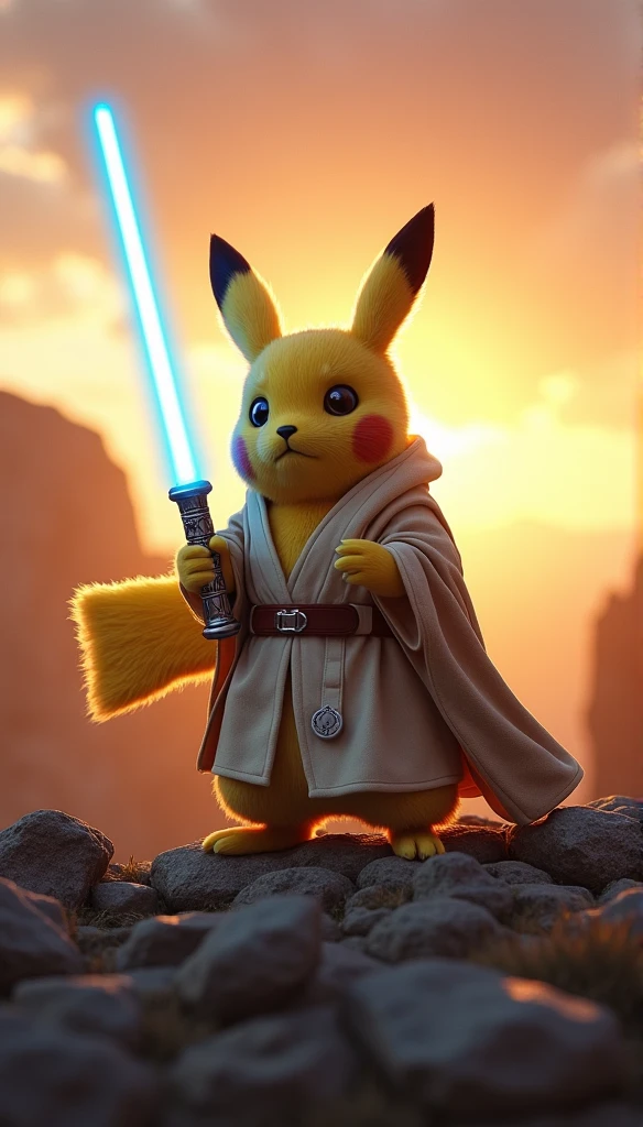 photorealistic Pikachu cosplaying as Luke Skywalker, wearing detailed Jedi robes, standing on a rocky hilltop at dawn, holding a blue lightsaber with both paws, sunrise casting dramatic golden light, ultra-high-definition textures, detailed fur illuminated by the early morning light, focused and determined expression, epic cinematic composition, glowing lightsaber with realistic lighting effects, intricate fabric details on the Jedi robes, soft glowing sun, high contrast shadows, photorealistic fur, atmospheric depth, warm orange and pink hues in the sky, detailed rock textures