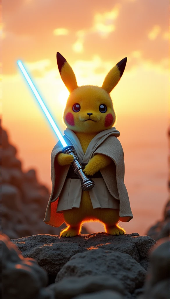 photorealistic Pikachu cosplaying as Luke Skywalker, wearing detailed Jedi robes, standing on a rocky hilltop at dawn, holding a blue lightsaber with both paws, sunrise casting dramatic golden light, ultra-high-definition textures, detailed fur illuminated by the early morning light, focused and determined expression, epic cinematic composition, glowing lightsaber with realistic lighting effects, intricate fabric details on the Jedi robes, soft glowing sun, high contrast shadows, photorealistic fur, atmospheric depth, warm orange and pink hues in the sky, detailed rock textures