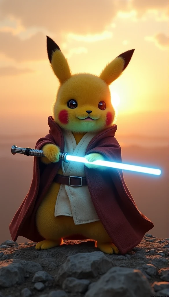 photorealistic Pikachu cosplaying as Luke Skywalker, wearing detailed Jedi robes, standing on a rocky hilltop at dawn, holding a blue lightsaber with both paws, sunrise casting dramatic golden light, ultra-high-definition textures, detailed fur illuminated by the early morning light, focused and determined expression, epic cinematic composition, glowing lightsaber with realistic lighting effects, intricate fabric details on the Jedi robes, soft glowing sun, high contrast shadows, photorealistic fur, atmospheric depth, warm orange and pink hues in the sky, detailed rock textures