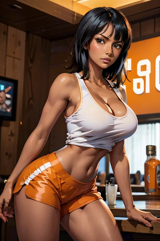(masterpiece), best quality, expressive eyes, perfect face, front lighting, (inside sports bar restaurant background), (standing), (seductive look), (cleavage view), (1girl, nico robin, milf, latina, dark skin, black hair, short black hair with bangs, straight flat hairstyle, brown eyes, hourglass figure, thick body, curvy body, large breasts, huge breasts, oppai, large cleavage, wide hips, thick thighs), ((hooters uniform), (long white tanktop, long white tanktop, long white tanktop, sleeveless), BREAK, (orange yoga shorts, orange yoga shorts, orange yoga shorts), ("HOOTERS" graphic text on shirt)),