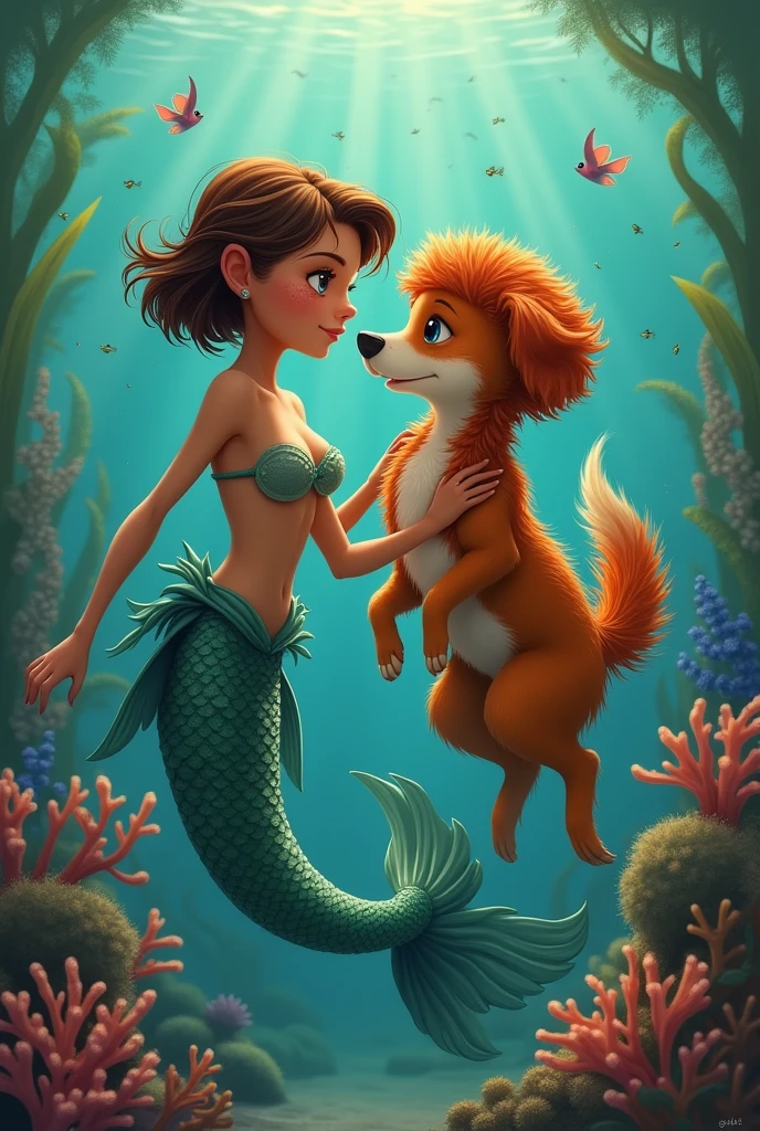 A realistic brunette mermaid with freckles, short hair, redhead, curly haired dog with a stylized body.