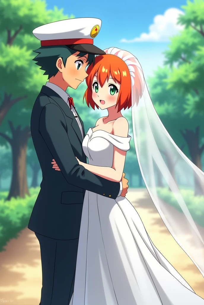 Draw an anime version of Ash in a groom's suit ,wearing a white cap and Misty in a beautiful wedding dress.
The dress has a fish fin style.
Let the bride's hair be short and orange ,Her eyes are green and she wears a long veil.