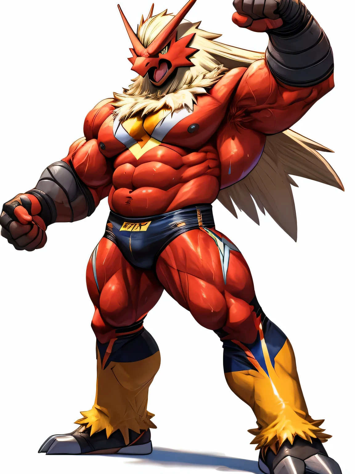 BLAZIKEN pokemon, wrestler,(masterpiece,best quality:1.4), looking at viewer,angry face roaring, veins popping,high stature,heavy weight plump,muscular belly, bulky chest,muscular tighs,focused on long legs,Black wrestling tights,sweaty and glossy skin,raise an arm to show off armpits,full body standing, white background