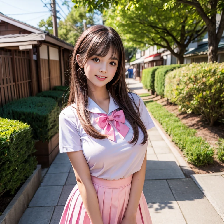 laughing out loud,Wearing a pink student sailor uniform, The sailor uniform is a white background with a pink bow tie and a pink navy collar.,Pink pleated skirt,(knee shot), 1 girl, On the face, light brown hair, blunt bangs, hair behind ears, Hair over the shoulders, long hair, Slender body type, Super thin face, face slimming, delicate lips, beautiful eyes, Thin blush, Eyes are light brown,Check it out here, (realistic:1.3), Standing next to a Japanese street, 8k, , Super detailed, high quality, best quality, High resolution, ,Large Breasts,H CUP,