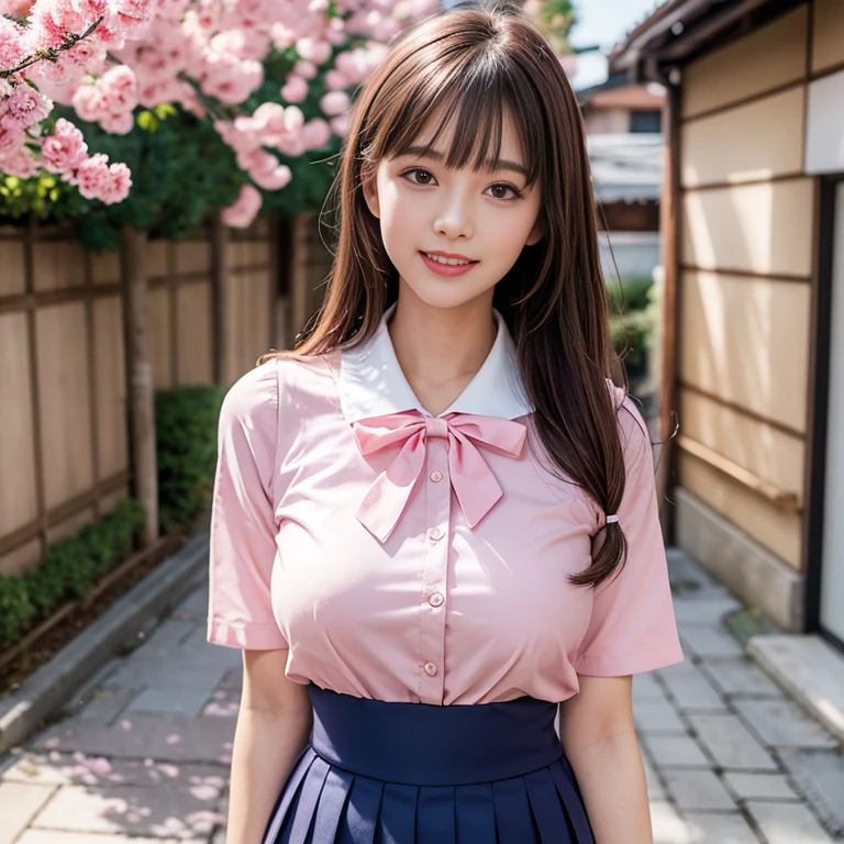 laughing out loud，Wearing a pink student sailor uniform, The sailor uniform is a white background with a pink bow tie and a pink navy collar.，Pink pleated skirt，(knee shot), 1 girl, On the face, light brown hair, blunt bangs, hair behind ears, Hair over the shoulders, long hair, Slender body type, Super thin face, face slimming, delicate lips, beautiful eyes, Thin blush, Eyes are light brown,Check it out here, (realistic:1.3), Standing next to a Japanese street, 8k, , Super detailed, high quality, best quality, High resolution, ，Large Breasts，H CUP, 