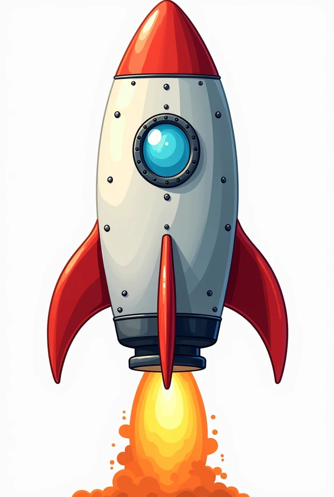 "Generate a detailed, cartoon-style rocket in a vertical position, ready for launch. The rocket should have a sleek, modern design with vibrant colors and bold outlines. It should include distinct elements like fins, a window near the top, and a flame bursting from the engines at the bottom. The background should be completely transparent (null), making it suitable for easy cutout and use in various designs."