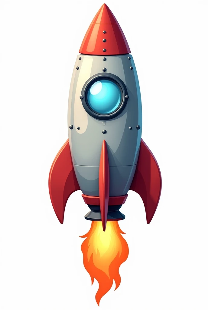 "Generate a detailed, cartoon-style rocket in a vertical position, ready for launch. The rocket should have a sleek, modern design with vibrant colors and bold outlines. It should include distinct elements like fins, a window near the top, and a flame bursting from the engines at the bottom. The background should be completely transparent (null), making it suitable for easy cutout and use in various designs."