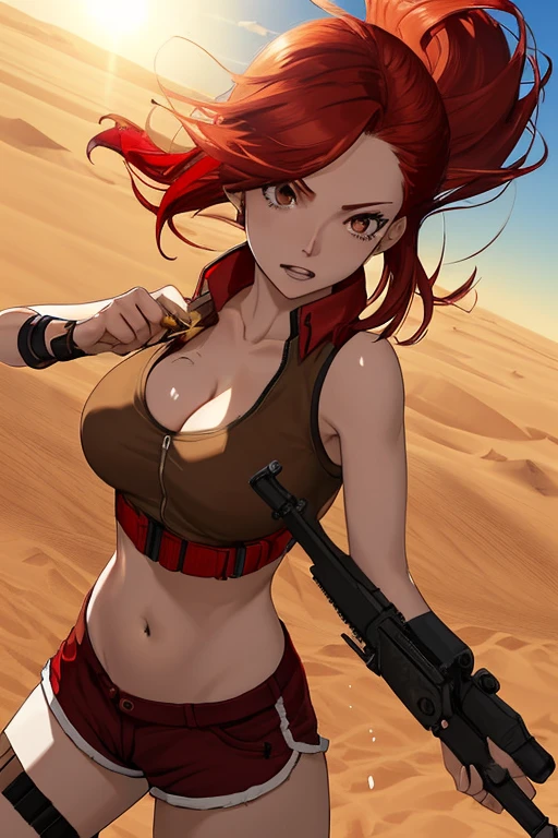 Red-haired woman, open military shirt, red sports bra, shorts, mechanical knife in hand, acrobatic, low angle, cleavage, battlefield, explosion, desert city, sun, spirited face, brown eyes