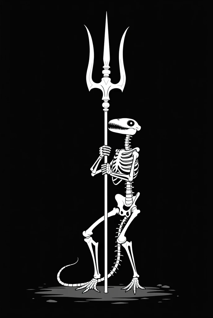 A skeleton of a newt, with a trident in hand, minimalist and black and white. With a more stylized line