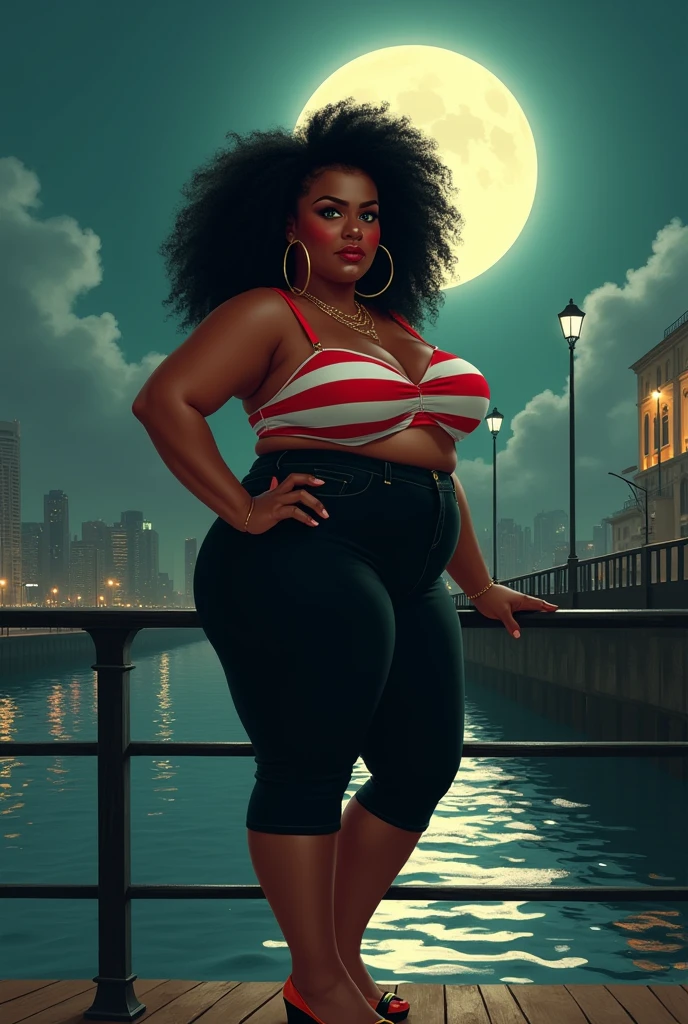 A Brazilian woman from Rio de Janeiro, black with green eyes, curly and frizzy hair, Hoop earring, big boobs, big hips and ass, wearing black capri pants and a red and white striped blouse, chubby girl on a pier, full moon night, realisitic