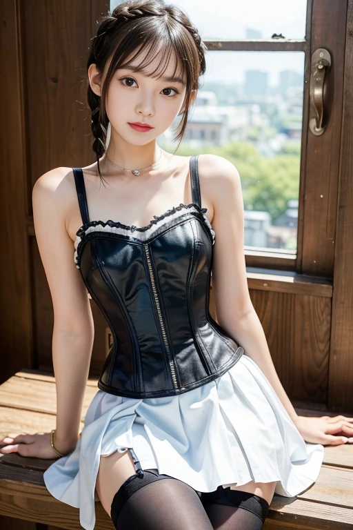 masterpiece, 1 beautiful girl, Highest quality, 超High resolution, (reality: 1.4), Original photo, Cinema Lighting, Japan, Asian Beauty, so beautiful, Beautiful Skin, thin, (超reality的な), (High resolution), (8k), (Very detailed), (Best illustrations), (Beautiful narrow eyes), (Very detailedな) , Delicate face, Looking at the audience, direct view, (Lemon Dress,leather corset dress) , short hair, Black Hair, 46 point side bangs, White Church, Clean atmosphere,mini skirt,garter belt,sit,Small braids,Braids on either side of the face,Black knee-high stockings information