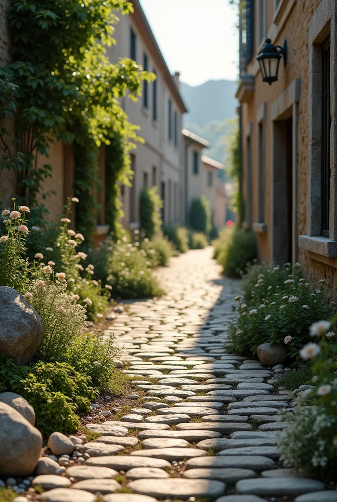 cobblestone street with a gutter full of stones and plants
