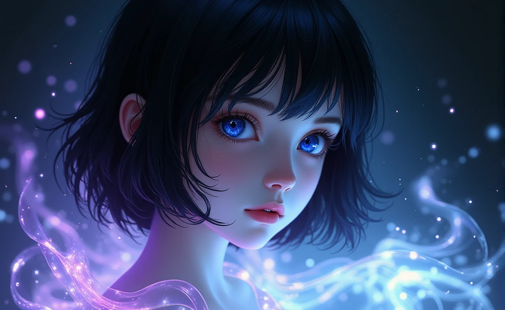 The image shows a YOUNGER MAN with delicate, androgynous features. The person has pale and smooth skin WATCHING AT US, with a serene and dreamy expression. His eyes are an intense and bright blue, with a look that seems lost in deep thoughts. The boy hair is short, flowing, and a bright black that appears to be made of liquid light. It is soaked and falls in clumps that blend into the background, giving a sense of movement and fluidity. There is an ethereal lighting effect surrounding the boy. Flashes of purple and white light spread across the image, as if the person is surrounded by water or some kind of magical energy. Light reflections on the skin and hair reinforce this feeling that the boy is made of a liquid or crystalline material. The background is dark, which makes the light effects stand out even more. There is a play of light and shadow that adds depth and mystery to the scene. The style is very detailed and realistic, with a fantastic touch. The use of cool colors and lighting effects creates a dreamy and otherworldly atmosphere.