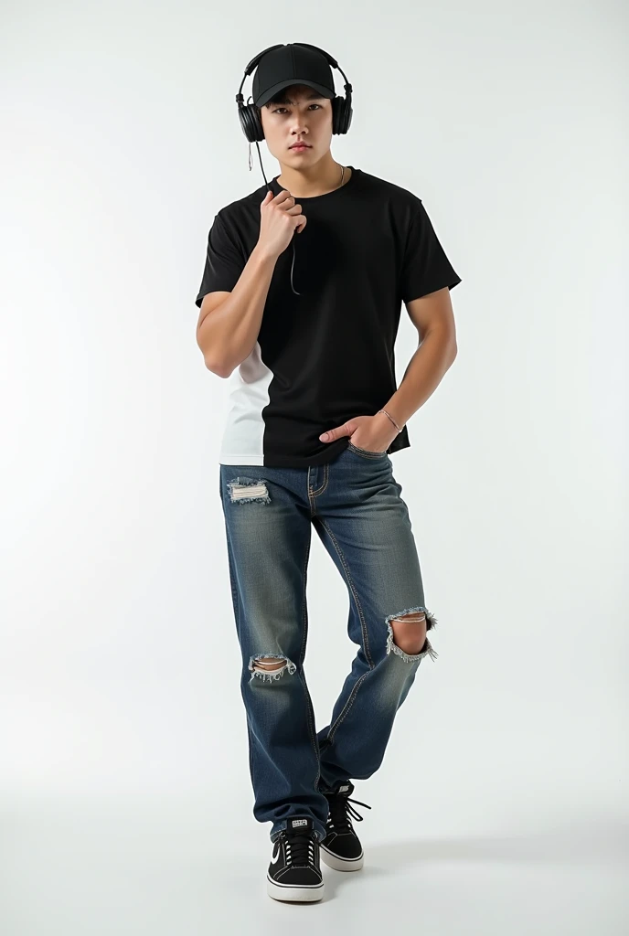 Realistic photo of a 24 year old Korean boy, pale face, beautiful face, Muscular and strong body, wearing a black cap back, wearing a black and white shirt with short sleeves, wearing baggy loose wide leg jeans with rips, wearing Nike shoes, using headphones, white background , making sexy gestures, fully body, posing for photo shoot, doing poses, polaroid