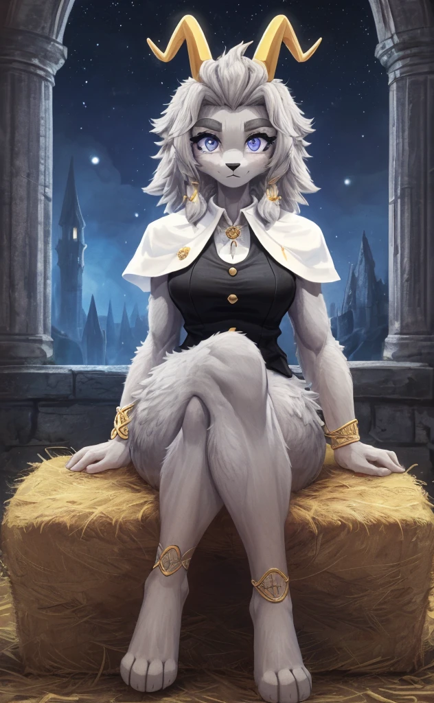 [sybil], [pseudoregalia], ((masterpiece)), ((HD)), ((high res)), ((solo portrait)), ((feet visible)), ((front view)), ((detailed fur)), ((cute cartoon aesthetic)), ((detailed shading)), {(anthro goat woman), (athletic figure), (grey body fur), (black nose), (long droopy bunny ears), (fluffy hair), (yellow narly horns), (bushy dark grey eyebrows), (cute indigo eyes), (long grey eyelashes), (medium breasts), (curvy hips), (beautiful legs), (defined paw feet), (blank expression)}, {(black sleeveless vest), (gold buttons), (white capelet), (gold rings in hair), (gold bracelets), (pantless), (nude)}, {(sitting on hay), (crossed legs), (hands on lap), (looking at viewer)}, [ambient lighting, castle ruins, nighttime, moonlight]