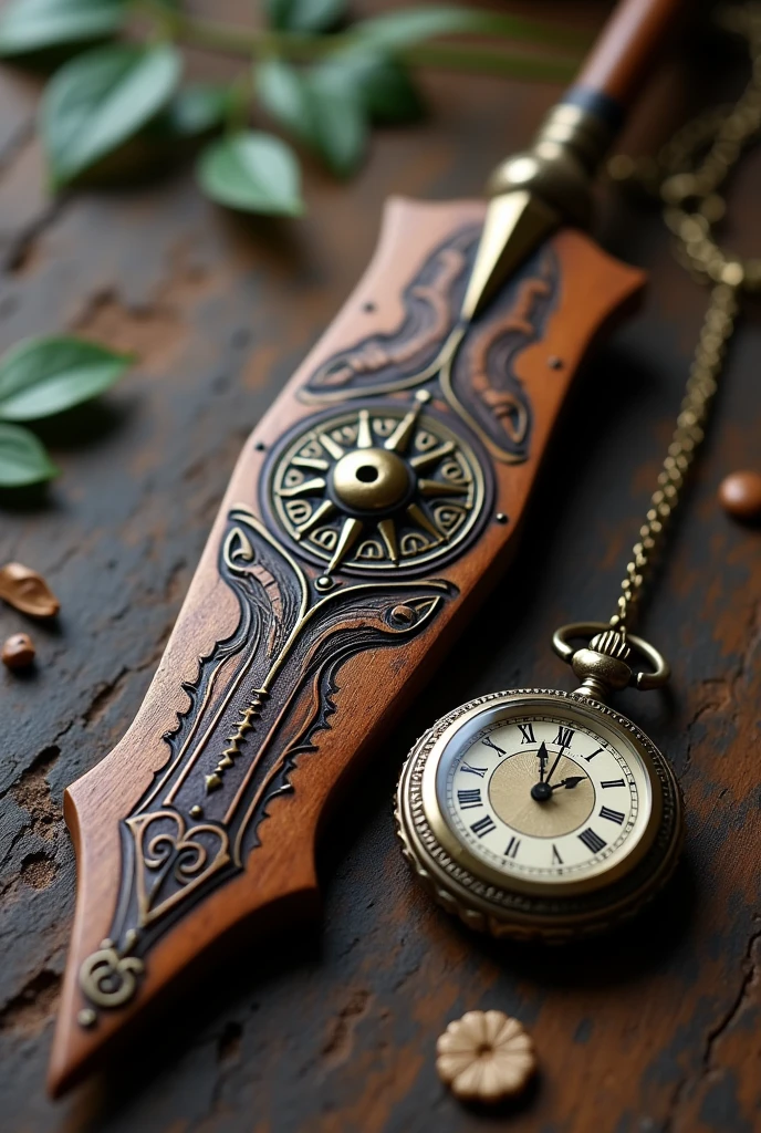 An Indian wooden arrow with a compass rose on the body, a pocket watch
