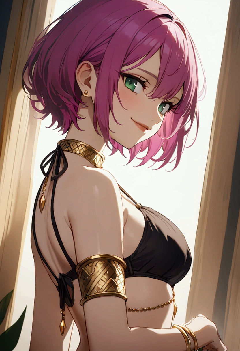 20 years old girl, fuchsia hair, short hair, green eyes, sly smile, sly eyes, bikini, wear gold bracelet