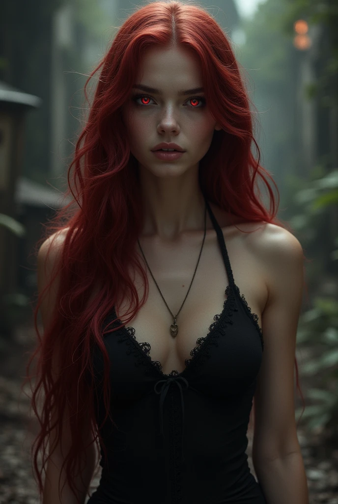 A tall woman with long wine red hair down to her feet, her eyes were black with bright red pupils, she wore few accessories.