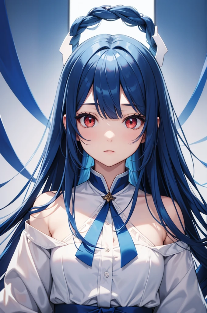 Blue colored long hair、Center parted bangs、Red eyes