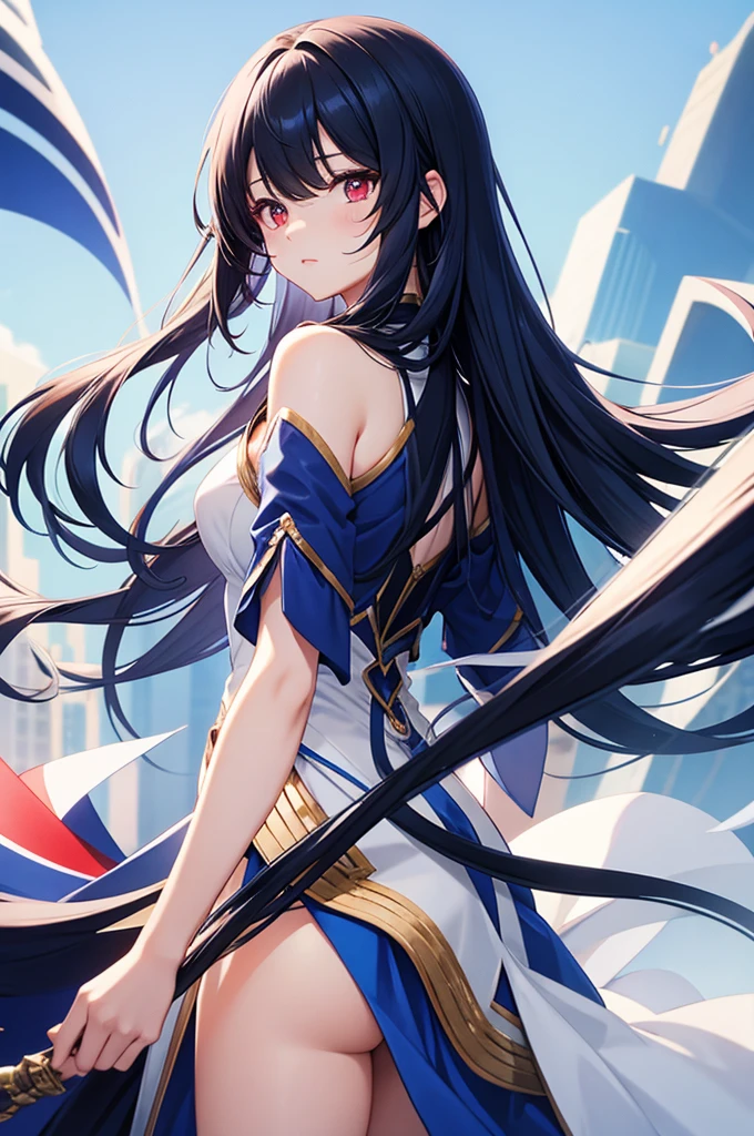 Blue colored long hair、Center parted bangs、Red eyes