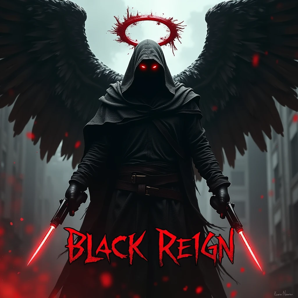 Black hooded man, mysterious, red eyes, bloody angel halo above head, big black angel wings, bloody background, holding two pistols, word “Black Reign” in large text below it, hyper realism, logo