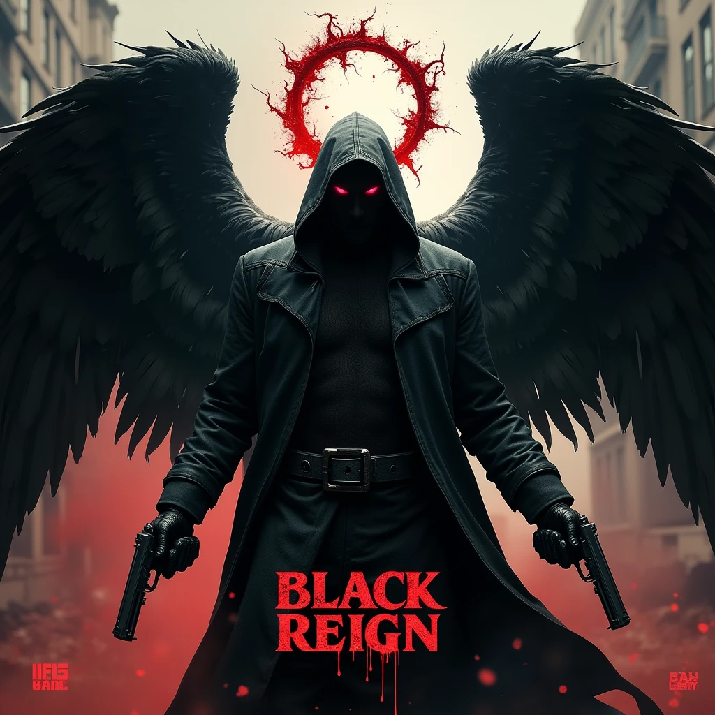 Black hooded man, mysterious, red eyes, bloody angel halo above head, big black angel wings, bloody background, holding two pistols, word “Black Reign” in large text below it, hyper realism, logo