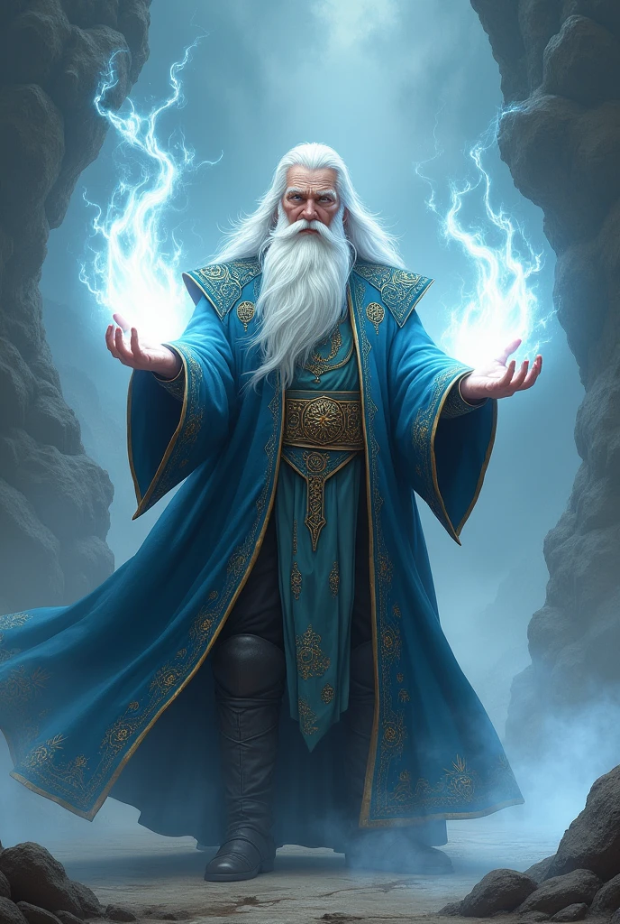 Create the image following the requirements:
1)classy : RPG wizard 2)Gender : Man 3)body hair : White and Shoulders 5)White fire.
6)kor :