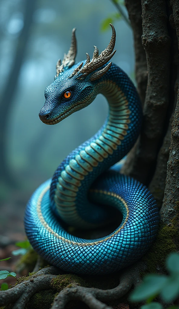 (photo hyper realistic) In a moonlit glade within an ancient, mist-shrouded forest, a mesmerizing female serpent coils gracefully around the roots of an ancient, towering tree. Her scales glisten with an iridescent sheen, shifting hues of sapphire, emerald, and amethyst as she moves. Her eyes, a deep, hypnotic gold, gleam with a wisdom and allure that captivate anyone who dares to meet her gaze. Her slender, sinuous body undulates with a fluid elegance, and delicate, almost translucent, fins run along her spine, catching the faintest glimmers of starlight. The air around her is filled with a faint, intoxicating fragrance of night-blooming flowers. What ancient magic or secret knowledge does this enchanting serpent possess, and what is her connection to the mystical forest she inhabits?
