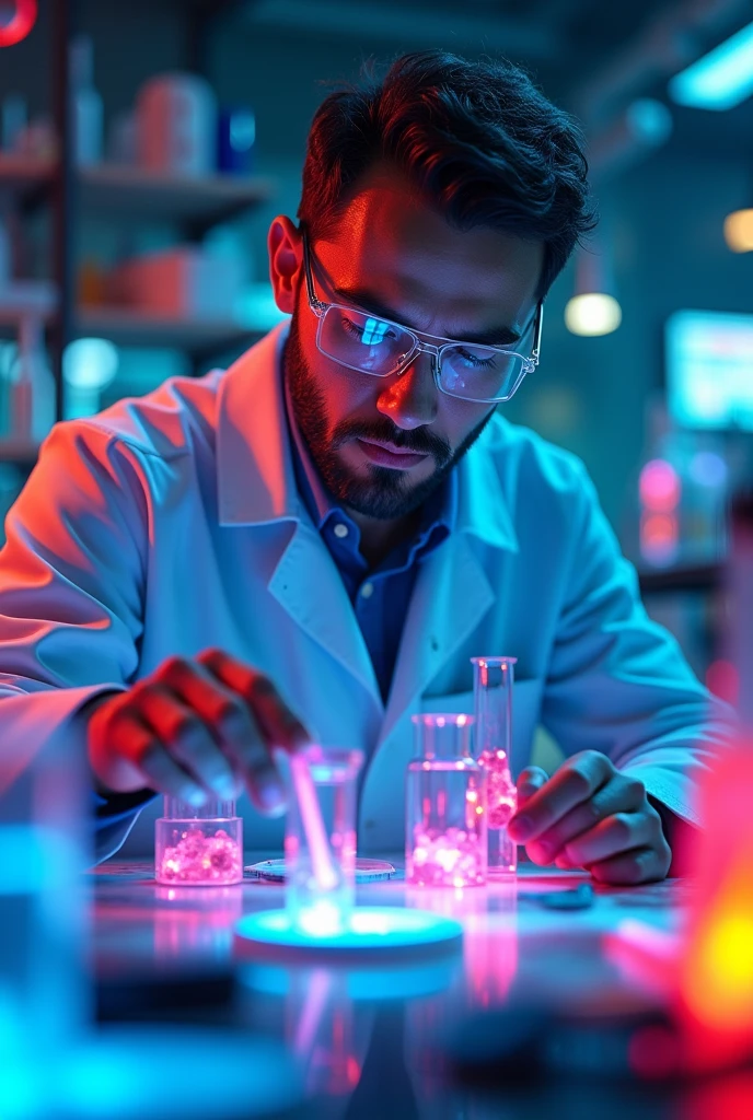 a scientist in a laboratory, scientific equipment, chemistry, glowing elements, atomic structures, neon colors, vibrant lighting, high-tech, futuristic, 8k, ultra-detailed, masterpiece, photorealistic