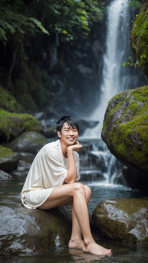 a  korea man no clothes in waterfall swimming 